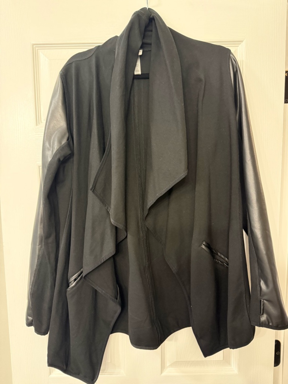 Women’s Black Open-Front Draped Blazer with Faux Leather Sleeves